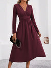 Women's Knit V-Neck Long Sleeve Midi Maxi Dress with Shirred Waist - Fall/Winter Solid Color