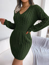VigoCasey V-Neck Long Sleeve Knit Dress – Women's Autumn/Winter Solid Bodycon A-Line Ankle-Length