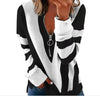 Women’s Striped V-Neck Zipper Blouse — Loose Long Sleeve Casual Top for Autumn Winter