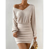 Women's Knit Sweater Mini Dress V-Neck Long Sleeve Bodycon Casual Warm