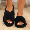 Women Corduroy Cross-Strap Plush Indoor Slippers - Soft Warm Flat Slides with EVA Sole, All-Season Home Shoes