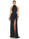 Blifanbo Turtleneck Off-Shoulder Sleeveless Pleated Maxi Dress with High Waist Thigh Split, Elegant Club & Party Dress for Women