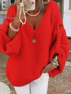 Women's Casual Knitted V-Neck Sweater – Button Detail Lantern Sleeve Loose Pullover for Fall/Winter