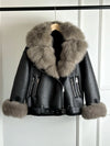 Women's Faux Leather Shearling Coat with Large Fox Fur Collar - Warm PU Moto Biker Jacket