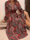 Plus Size V-Neck Bohemian Long Sleeve Dress - Mid-Calf Autumn/Winter, Sizes 1XL-5XL
