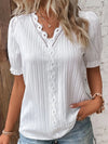 Women's Summer V-Neck Hollow Short Sleeve Top - Chiffon Splice Loose Plus Size Blouse