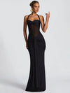 Mozision Halter Backless Patchwork Ruched Draped Bodycon Maxi Dress - Sleeveless Club Party