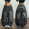 Women's Black Washed Distressed Baggy Jeans Y2K Vintage Punk High-Waist Wide-Leg
