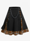 Plus Size Gothic Plaid Pleated Skirt High-Waist Lace-Up Chain Detail Layered Knee-Length Up to 5XL