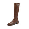 Women's Knee-High Cowhide Leather Mid-Heel Boots with Metal Buckle & Knee Zipper — 4.5cm (1.8in) Square Heel