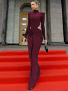 Mozision Turtleneck Long-Sleeve Ruched Hollow-Out Maxi Dress - Elegant A-Line Floor-Length for Women (Autumn/Winter)
