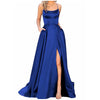 Navy Blue Halter Satin Bridesmaid Dress – Long Spaghetti Straps A-Line with Backless Criss-Cross, Side Slit & Pockets