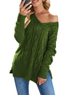 Plus Size Cable Knit Pullover Sweater V-Neck Long Sleeve Side Slit Casual Women's Top