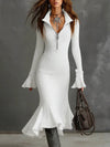 Women’s Knitted Fishtail Midi Dress – Slim Fit Lapel Collar, Flared Full Sleeves – Autumn Winter Solid
