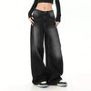 Girls Vintage Black Washed Loose Straight-Wide Leg Jeans — Casual Ankle-Length Denim Pants