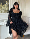 Plus Size Gothic Floral Lace Dress, Square Neck, Ruffled Trumpet Sleeves, Drawstring Waist, Knee-Length