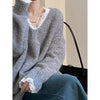Aoaiiys Women's V-Neck Lace Spliced Knit Sweater - Vintage Chic Loose Pullover for Autumn/Winter