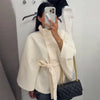 Faux Fur Cloak Jacket for Women – Stand Collar Three-Button Belted Wide-Sleeve Coat, Casual Chic Outerwear