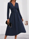 Women's Knit V-Neck Long Sleeve Midi Maxi Dress with Shirred Waist - Fall/Winter Solid Color