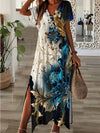 Women's Summer Boho V-Neck Printed Split Ankle-Length Dress Loose Resort Beach Evening