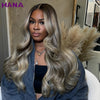 13x6 Lace Frontal + 7x5 Closure Human Hair Wig — Ash Brown Blonde Highlights, Pre-Plucked, Bleached Knots, 26in Body Wave