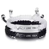 2-Pack Couple Bracelets — Stainless Steel Finger Heart Woven Rope Black & White, Adjustable Lace-Up Valentine Gift