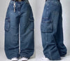 Women's Street Vintage Harajuku Wash Blue Baggy Multi-Pocket Wide-Leg Denim Jeans High Waist