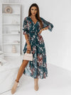 Women's V-Neck Retro Print Chiffon Knee-Length Dress Elastic Waist Side Slits 3/4 Sleeve A-Line