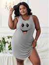Plus Size Smile Ghost Print T-Shirt Midi Dress Sleeveless Spaghetti Straps L-5XL