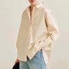 Women's Vertical Striped Shirt - Loose Long-Sleeve Button-Up Blouse with Asymmetric Hem, Office Commuter Style