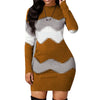 Women's Patchwork Rib Knit Turtleneck Sweater Mini Dress Long Sleeve Warm Casual A-Line