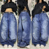 Women's Blue Washed Baggy Wide-Leg Jeans Mid-Rise Harajuku Hip Hop Casual