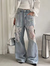 Women's Y2K High Waist Lace-Spliced Wide Leg Denim Jeans - Baggy Patchwork Distressed Vintage