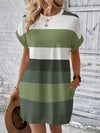 Plus Size Striped Knee-Length Dress with Roll-Up Sleeves and Pockets, Casual Comfortable Dress for Women