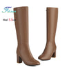Plus Size Knee-High Square Toe Boots – Side Zipper, 7.5 cm (3") Block Heel, Winter Warm PU Leather, Up to EU 48