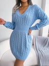 VigoCasey V-Neck Long Sleeve Knit Dress – Women's Autumn/Winter Solid Bodycon A-Line Ankle-Length