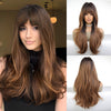 Long Wavy Butterfly Haircut Wig Ombre Brown with Bangs - Heat Resistant Synthetic Wig for Daily & Party Wear
