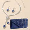 Women's Elegant Blue Rhinestone Evening Clutch with Chain Shoulder Strap and Heart Rhinestone Earrings and Necklace Set
