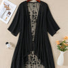 Plus Size Floral Embroidered Kimono Cardigan - Lace Trim Midi Cape, Long Sleeve Semi-Sheer