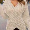 Plus Size Cable Knit Wrap V-Neck Sweater, Drop Shoulder Long Sleeve Pullover