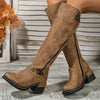 Vintage Knee High Boots for Women, Faux Leather Side Zipper, Chunky Block Heel, Round Toe, TPR Sole