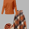 Elegant Women's Autumn Outfit - Solid Long-Sleeve Crew Top with Checkered Plaid Skirt