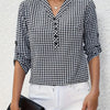 Women's Polyester V-Neck Plaid Blouse with Button Detail and Roll-Up Sleeves, Casual Spring Summer Fall Top