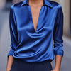 Silvery Satin V-Neck Blouse for Women, Long Sleeve Button-Front Satin Shirt, Elegant Smooth Finish