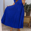 Women's Pleated A-Line Maxi Dress — Navy Blue Short Sleeve Crew Neck Loose Fit, Vacation & Seasonal Wear