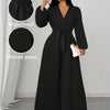 Plus Size Deep V-Neck Jumpsuit — Long Lantern Sleeves, Adjustable Belted Waist & Pleated Wide-Leg Pants, H-Line Silhouette