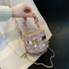 Mini Rhinestone Bucket Bag – Ruched Chain Shoulder Evening Purse, 3.9 x 4.7 x 4.7 in (10 x 12 x 12 cm)