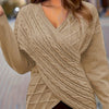 Plus Size Cable Knit Wrap V-Neck Sweater, Drop Shoulder Long Sleeve Pullover
