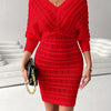 Batwing Pointelle Sweater Dress — V-Neck Bodycon Midi Knit (100% Acrylic)
