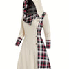 Women's Y2K Hooded Knit Dress - Gingham Patchwork Long Sleeve A-Line with Faux Buttons